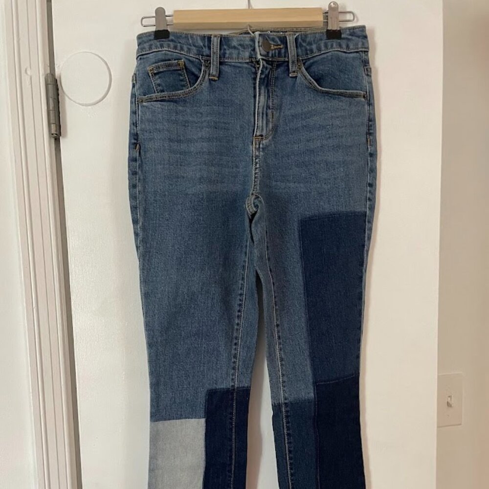 Flare Straight Leg Jeans with Multi-Color Denim Patches